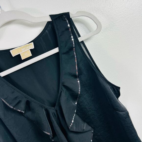 NEW Michael Kors Black Satin Ruffle Sequin Sleeveless Blouse Size 10 - Picture 2 of 9